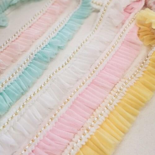5meters White Pink Ruffle lace with Beaded Lace Trim Diy Dress Cuff Collar Decoration Lace Fabric 6cm Wide