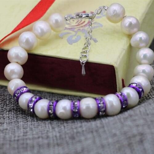 9-10mm natural white nearround pearl beads strand bracelet for women elegant purple crystal spacer charms jewelry 7.5inch B3087