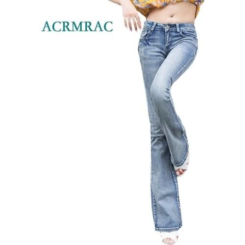 ACRMRAC Womens jeans New 2018 Spring and autumn Slim Light blue Middle waist Skinny Flare Pants Full Length jeans Women