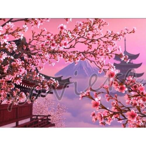 Xaviera 5D Diy Diamond Painting Japanese Landscape Cherry Blossoms Full Round Drill Cross Stitch Picture of Rhinestone Crafts
