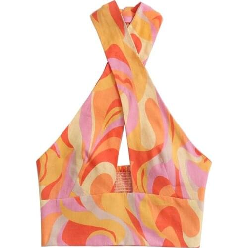 TRAF Women 2021 Fashion Sexy Printing Halter Cropped Blouse Slim Sleeveless Elastic Hem Female Shirts Streetwear