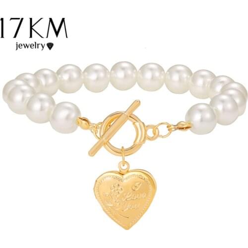 17KM Vintage Heart Pearl Bangles Bracelet For Women Girls Fashion Gold Charm Lock Imitation Round Pearl Bracelets Jewelry Gift