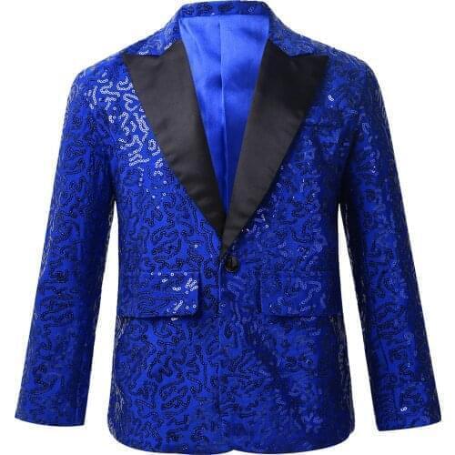 Boys Shiny Sequins Tuxedo Blazer Lapel One Button Suit Jacket Kids Boys Etiquette Clothes Suit Costume for Wedding Banquet Party