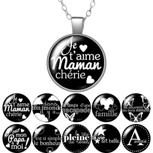 French Je t'aime mama cheire papa Round Pendant Necklace 25mm Glass Cabochon Silver color Jewelry Women Party Birthday Gift 50cm