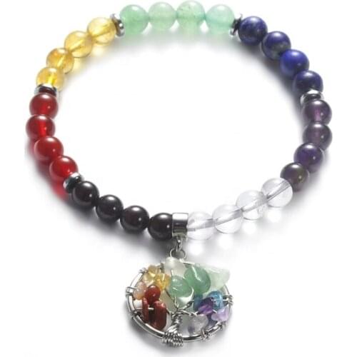 FYJS Unique Silver Plated Tree of Life Connect 8 mm Colorful Round Beads Elastic Bracelet Healing Chakra Jewelry