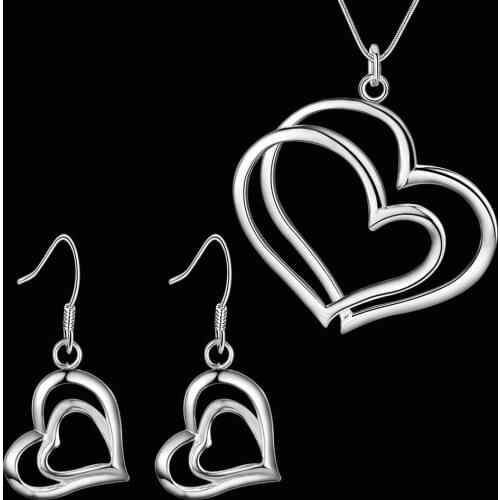 Hot romantic Double Heart 925 sterling Silver earrings necklace Jewelry sets for women Fashion Party wedding Pretty Holiday gift