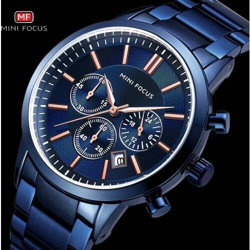 Quartz Fashion Watch For Men 2020 Business Top Brand Luxury Calendar Big Blue Dial Stainless Steel Strap Chronograph MINI FOCUS
