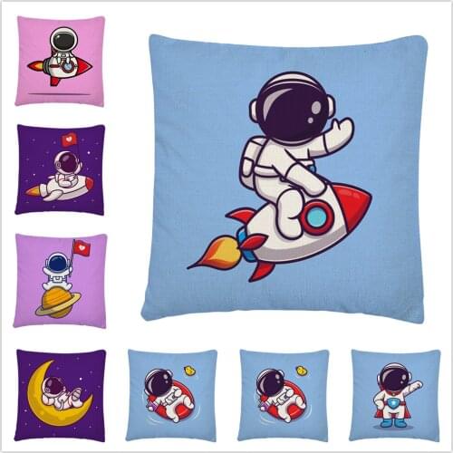 Little Cute Astronaut Playing Pattern Linen Cushion Cover Pillowcase Home Sofa Car Decoration Pillowcase45X45 Cm