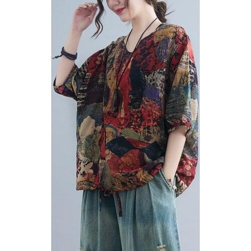 Cotton Linen Pattern Tie Dye Fashion Women T Shirt Tops Mori Girls Vintage T-shirts Loose Summer T Shirts Lady Casual Tshirt