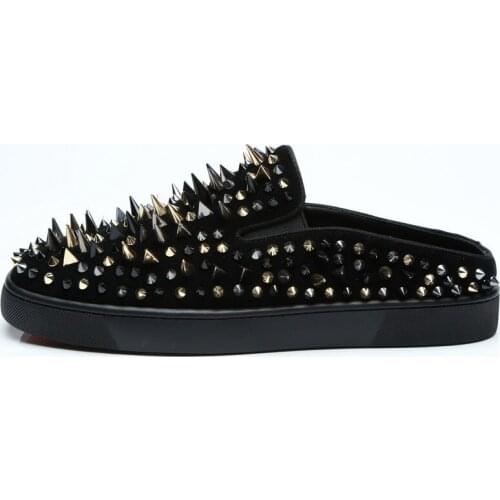 2018 Men Gold Spike Mules Slip-on Flock Shoes Rivet Loafers Thick Bottom Men Slipper EU39-EU46 Customized Color Men Casual Shoes