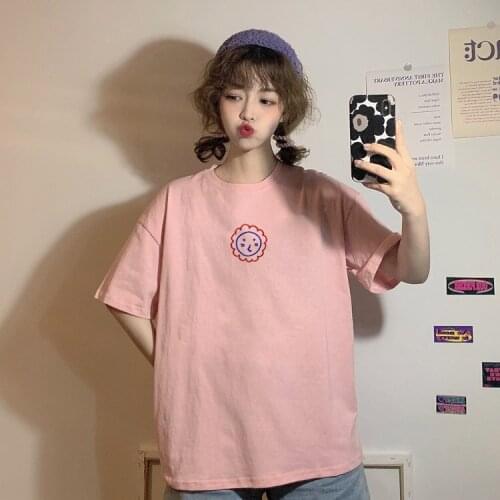 New summer loose smiley face embroidery short-sleeved t-shirt women