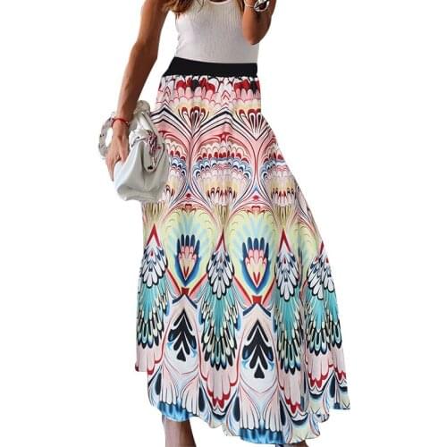 Autumn Women Sexy OL Elegant Commuter Print Midi Skirts Fashion Casual Elastic Waist A-Line Skirts Ladies