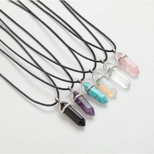 Leather Rope Chain Necklace Hexagonal Column Necklaces Natural Crystal Pendants Pink White Stone Pendant Necklaces for Women