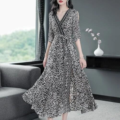 Leopard Print V-Neck Dress Women Summer Holiday Beach Ruffles Dress Office Elegant Ladies Loose Mini Dress