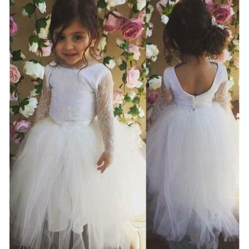 Long Sleeves Backless Flower Girls Dresses First Communion Dresses Lace Floor Length Tulle Princess Party Gown For Weddings