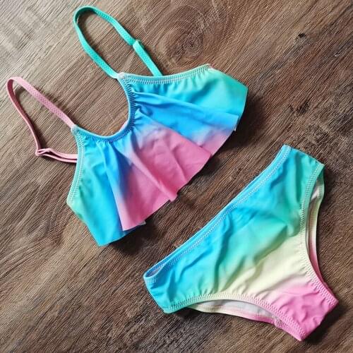Rainbow Girl Swimsuit 5-14 Year Two Piece Childrens Swimwear Flounce Girl Bikini Set Tie Dye Girl Bathing Suit Summer Beachwear