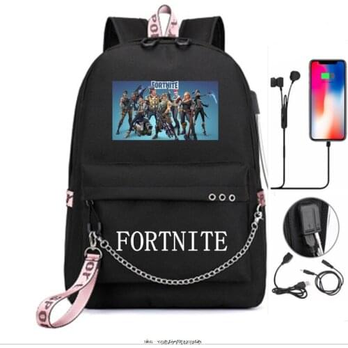 FORTNITE USB Backpack Women Men Teenager School Bag Women USB Travel Rucksack Large Mochila Escolar With Chain