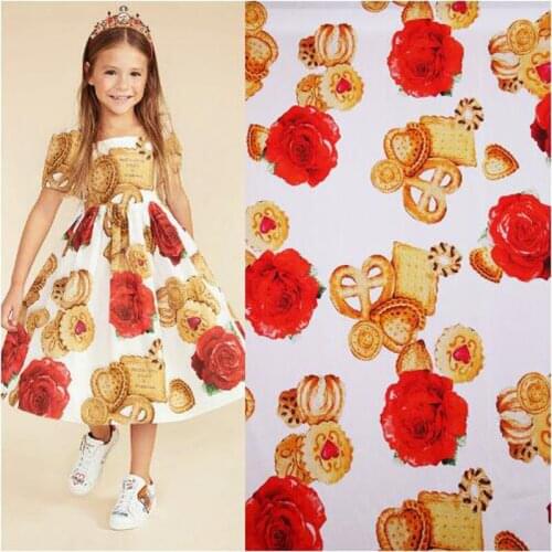 Wide 145cm Fashion Poplin Fabric 100% Cotton Cookies Roses Printed Cotton Fabric Sewing Material Patchwork DIY Girl Baby Dress