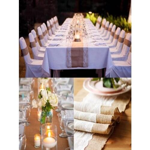 Natural Burlap Table Runner Hessian Vintage Tablecloth Cover with Jute Lace Rose Pattern for Wedding Party Rustic Decor