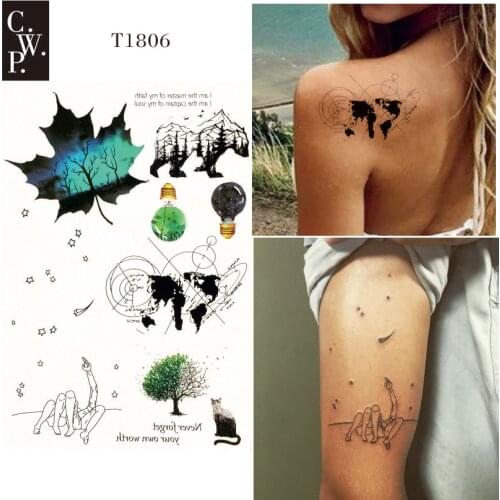 T1806 1 Piece Geometric Map Temporary ArmTattoo with Starry Sky, Bear, Maple Leaf, Tree, Bulb Cat Pattern body paint Tattoos