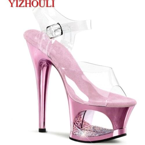 17 cm high heels with buckle fish mouth, two waterproof platform sandals with pink plating, model pole dancing shoes for perform