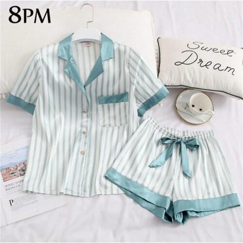 Women Ice Silk Pajamas Set Summer Fashion Stripe Nightwear Short Sleeve Shorts Homewear High Quality Silky Sleepwear ouc715