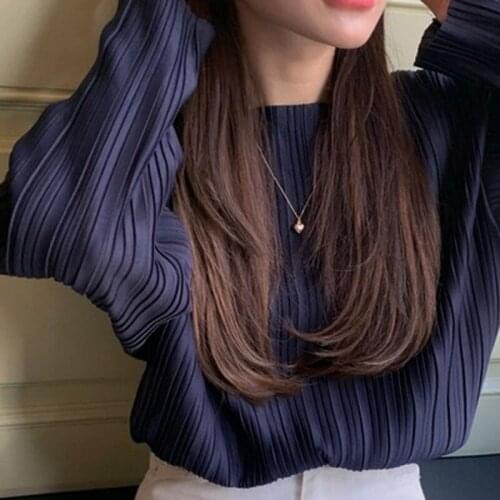 Female Korean Version of Pleated Design Sense O-neck Pullover Shirt Pleated Long-sleeved Chic Solid Color 2021 Autumn Blouse Top