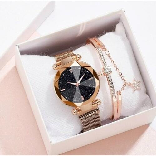 Women Luminous Starry Sky Watches Rhinestone Bracelet Watches Stainless Steel Mesh Watch Quartz Wristwatches