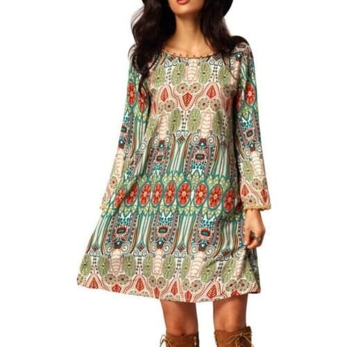 Women Folk Dress Autumn Maxi Dress Print Chiffon Dresses O Neck Long Sleeve Loose Bohemia Boho Floral Dress Vestidos Plus Size