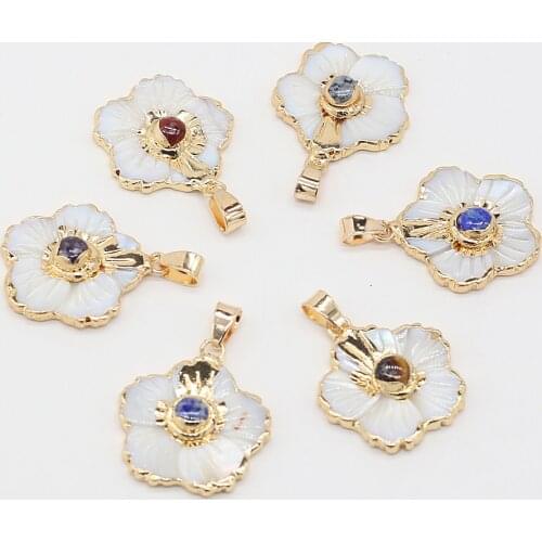 1PC New Handmade Natural Gem Stone Shell Pendant Flower Tiger Eye Opal Turquoises Charms for Jewelry Making DIY Necklace Earring