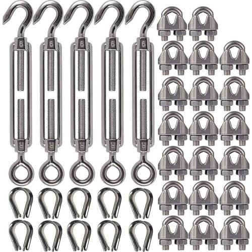 304 Stainless Steel Turnbuckle M6 Wire Rope Tension Tensioner Strainer and M3 Wire Rope Clips, 1/8 Inch Cable Railing Kit for Wo