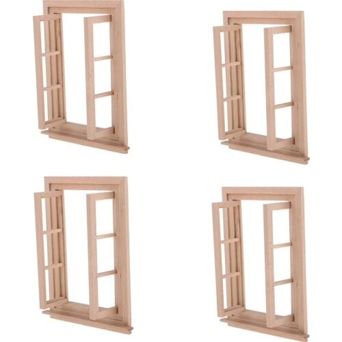 4 Pieces 1:12 Dollhouse Miniature DIY Wooden Window Frame Double Hung 6 Panel Glass Frames