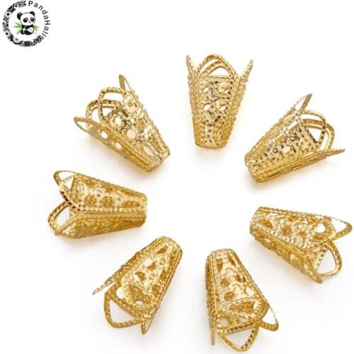 50pcs Golden Silver Color Iron 4-Petal Flower Bead Caps For Jewelry Making DIY Findings, 10mmx16mm, hole: 1.5mm