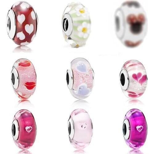 2020 New 925 Sterling Silver Love Pattern Glass Beads fit Europe Charm Bracelet Valentines Day Women Jewelry Accessories