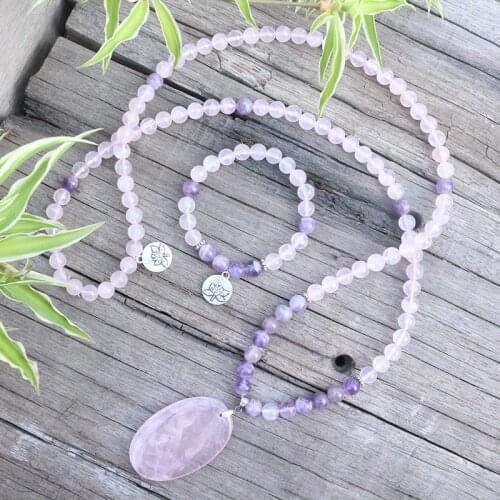 8mm Natural Stone Beads,Amethyst,Rose Quartz,Lotus,Love,JapaMala Sets,Spiritual Jewelry,Meditation,Inspirational,108 Mala Beads