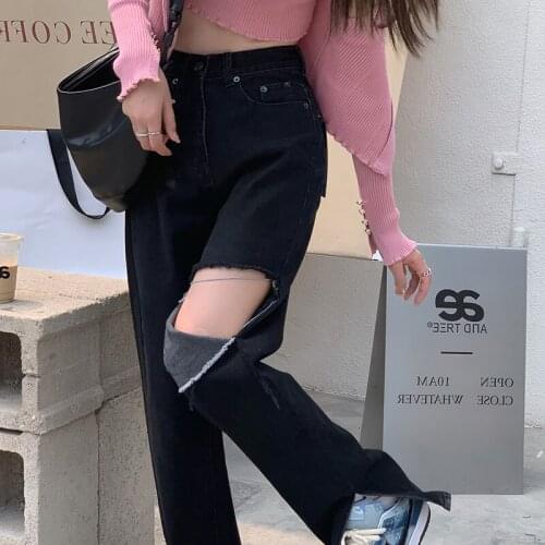ZCSMLL Black Split Hole Jeans High Waist Wide Leg Pants Spring and Autumn New Female Loose Straight Women Pants Ins Tide