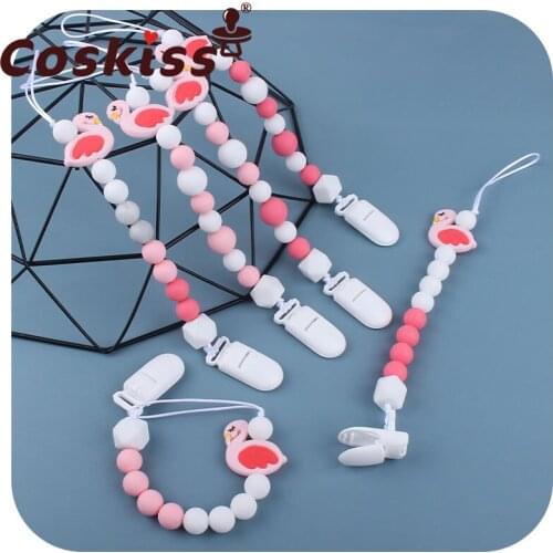 Coskiss Baby Pacifier Clips Dummy Clip Silicone Beads Cartoon Animal Flamingo Silicone Pendant Holder Chain Baby Gift