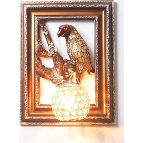European Retro Picture Frame Wall Lamp Living Room Decoration Parrot Bird Wall Sconce Light Fixtures Stairs Bedroom Bedside Lamp