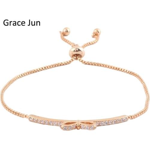 Grace Jun(TM) Fashion Cute Bowknot Style Inlay Small AAA CZ Bracelet for Women Party Charm Adjustable Bracelet Fine Jewelry Gift