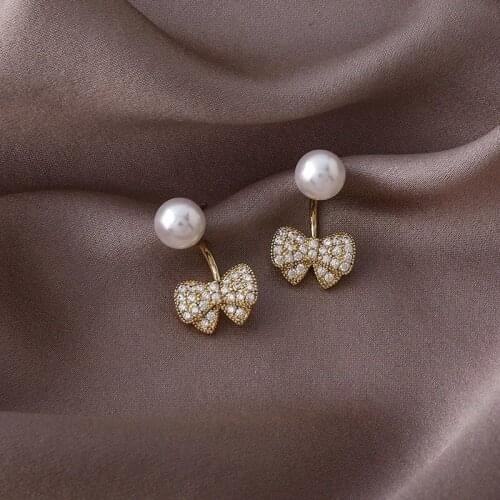 Korean Fashion Zircon Bow Earrings Ins Sweet Fairy All-match Pearl Earrings Wholesale Accesorios Mujer 2021