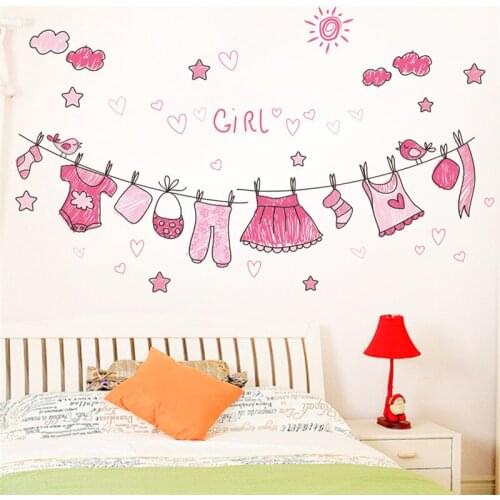 Lovely Clothesline Wall Stickers For Girls Room Bedroom Home Decoration Cartoon Mural Art Diy Pink Style Wall Decal