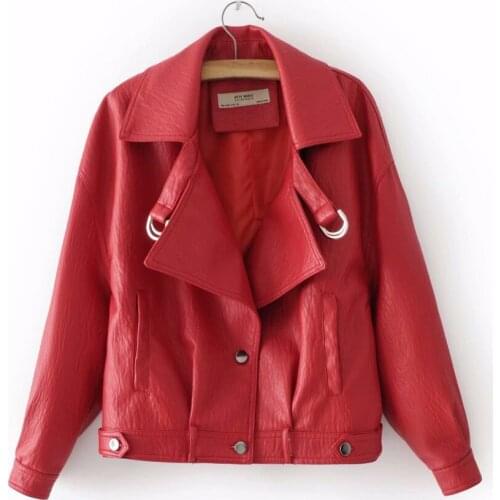 Fashion red PU leather jacket coat female Belt zipper Spring Autumn patchwork basic jacket Casual outerwear faux leather coat