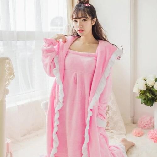 Winter Women Flannel Hooded Robe With Lace Long Thickened Knitted Nightgown Casual Sleep Set 2Pcs Халат Женский