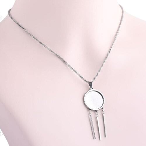 Onwear 5pcs Stainless Steel 45cm long Chain Pendant Base Setting Trays 20mm Cabochon Necklace Bezel Blanks with dangle bars diy
