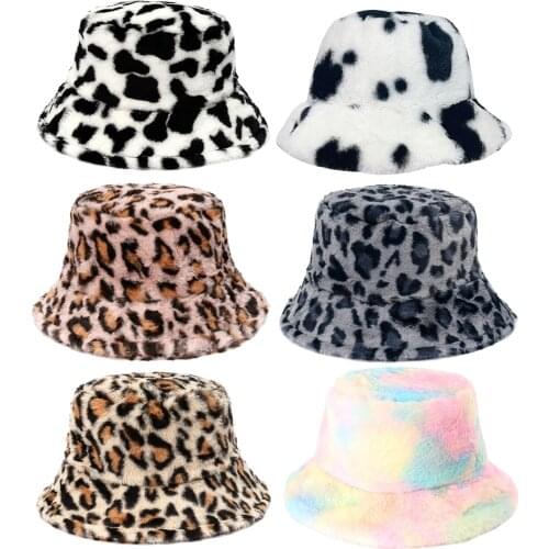 Winter Cow Leopard Print Faux Fur Plush Bucket Hats For Women Outdoor Warm Hat Soft Velvet Fisherman Cap Lady Fashion Panama