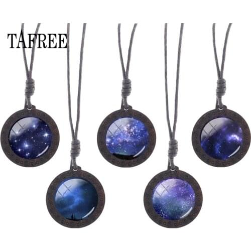 TAFREE Star and Moon Night Wooden Choker jewelry Brand Design galaxy Space Portal Glass Necklace for girls anniversary MO62