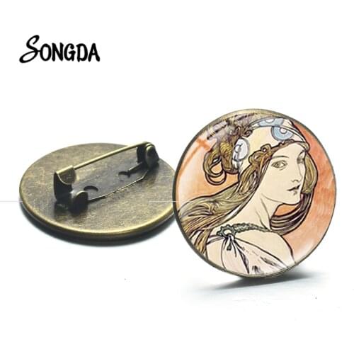 Vintage Alphonse Mucha Elegant Female Brooches Glass Round Coat Handbag Badge High Quality Art Nouveau Style Brooch Pins