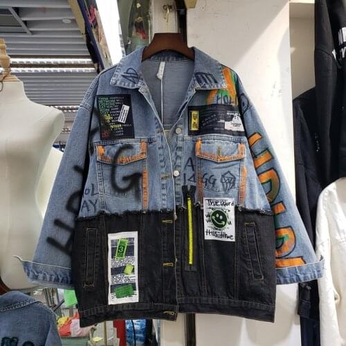 Harajuku Jeans Jacket Women Fashion Patch Spliced Graffiti Print Denim Coat Female Streetwear Loose Plus Size Outerwear G1074