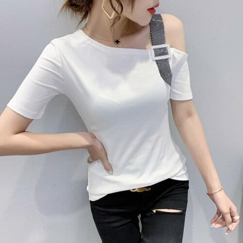 2021Summer Diamond shoulder strap T Shirt Women Short Sleeve Skew collar Slim Tshirt Tops