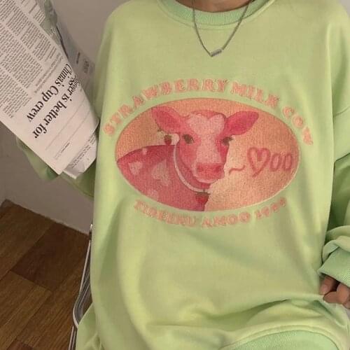Cow Printing Crewneck Sweatshirt Women Harajuku 2021 Oversized Hoodies Pullover Lovely Cute Long Sleeve Tops For Girls Teens